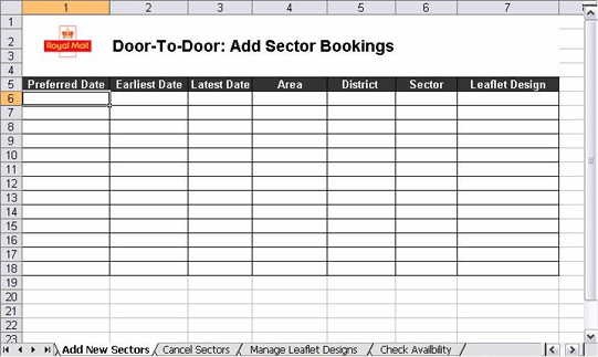 In the Add Sector Bookings sheet there are seven columns to fill in: Preferred Date, Earliest Date, Latest Date, Area, District, Sector and Leaflet Design