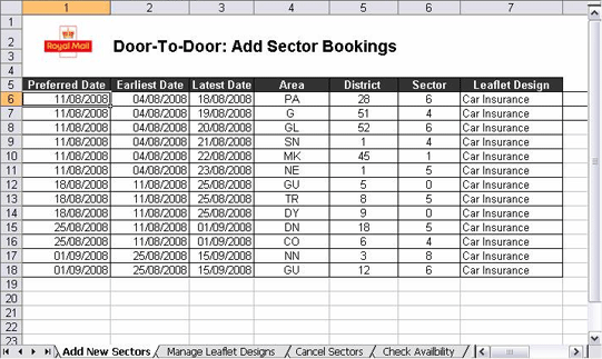 In the Add Sector Bookings sheet there are several rows of seven columns filled in: Preferred Date, Earliest Date, Latest Date, Area, District, Sector and Leaflet Design