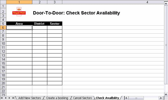 In the Check Sector Availability sheet there are three columns to fill in: Area, District and Sector