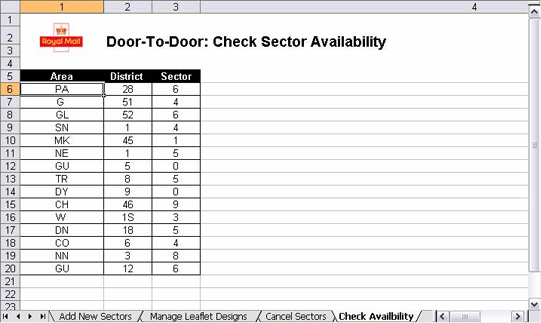 In the Check Sector Availability sheet there are several rows of three columns filled in: Area, District and Sector