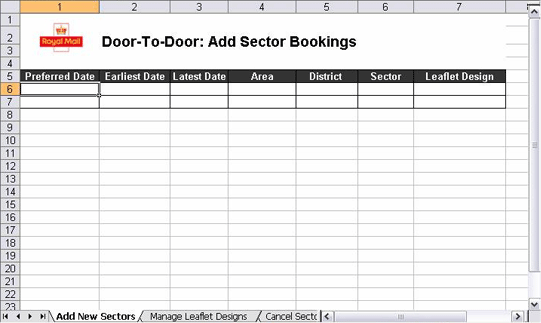 In the Add Sector Bookings sheet there are seven columns to fill in: Preferred Date, Earliest Date, Latest Date, Area, District, Sector and Leaflet Design