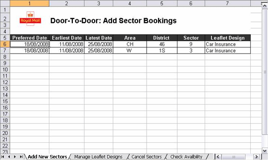 In the Add Sector Bookings sheet there are two rows of seven columns filled in: Preferred Date, Earliest Date, Latest Date, Area, District, Sector and Leaflet Design